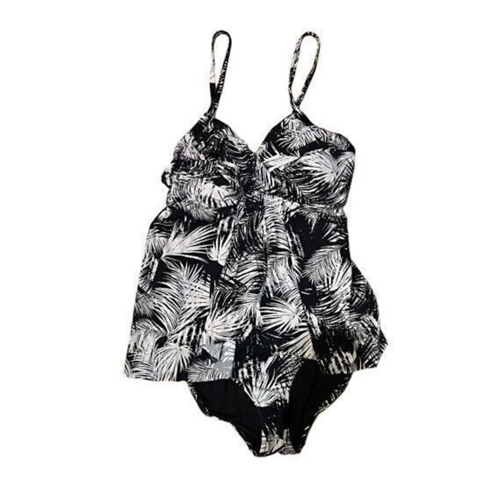 Garnet Hill One Piece Swimsuit Size 4 MidnightPalm Leaf Ruched Front Swimwear